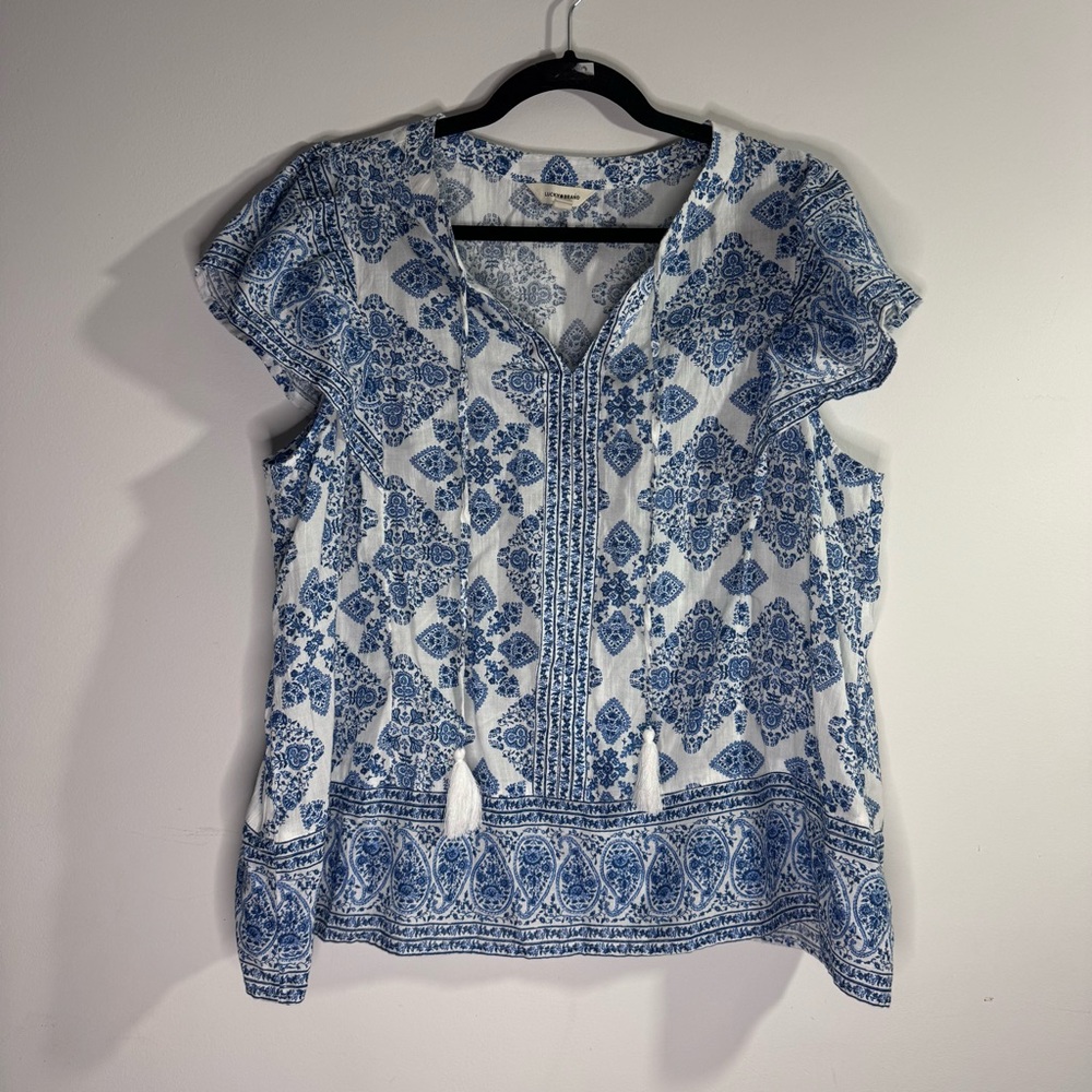 Blue & White Printed Cap-Sleeve Women's Top